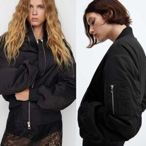 MANGO Casual Black Zip Up Orange Quilted Lined Tactical Bomber Flight Jacket XS